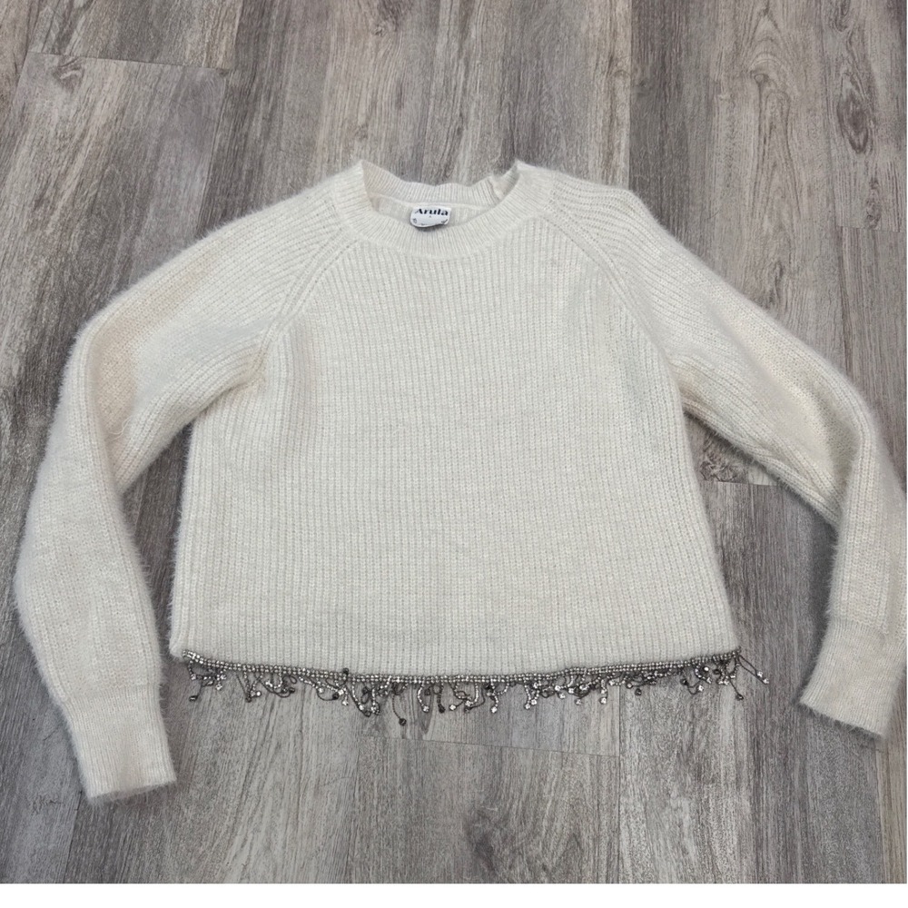 Arula Ivory Fuzzy Knit Rhinestone Fringe Trim Cropped Sweater Size XL (A)